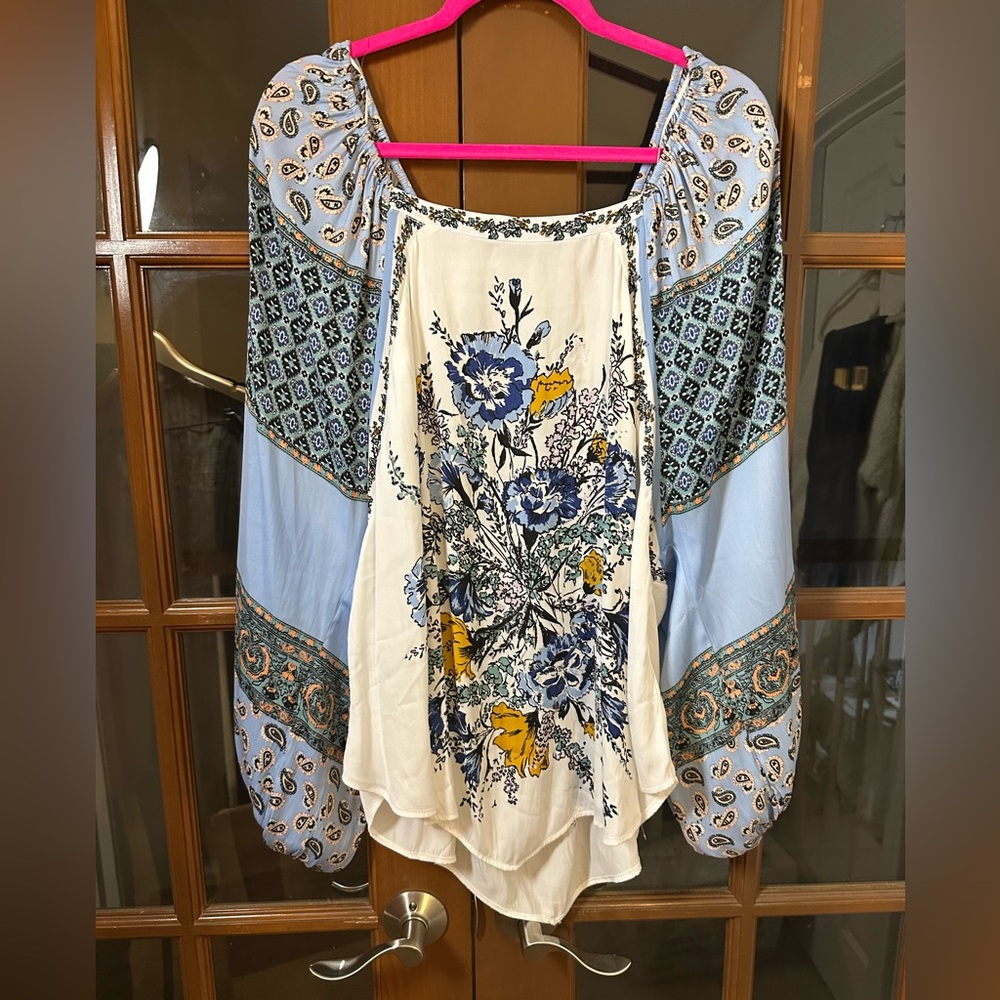 Free People Floral Peasant Blouse in Cream, Blue, Yellow